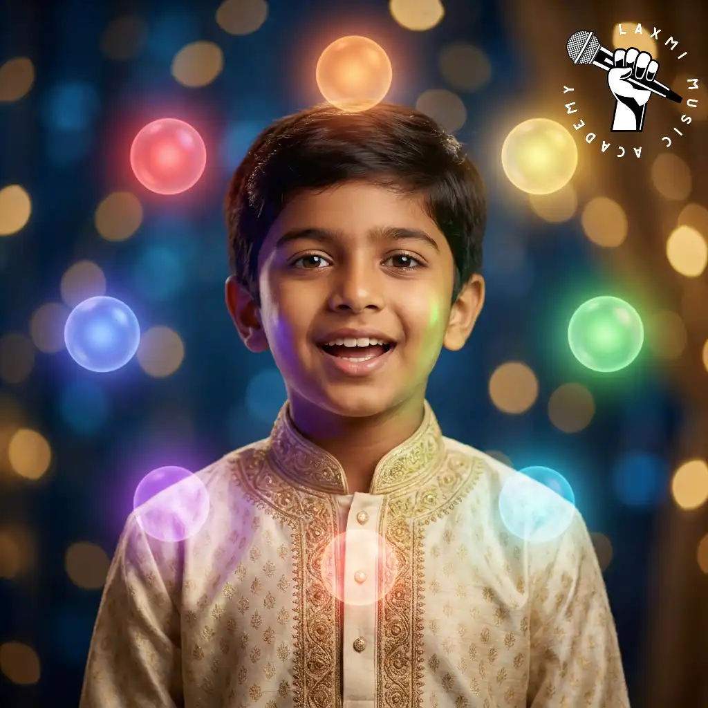 A smiling young boy with seven colourful glowing orbs, the seven swaras, around him