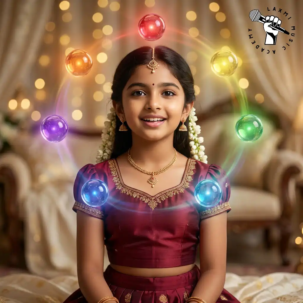 A young South Indian girl with the seven swaras glowing as seven colourful orbs floating around her