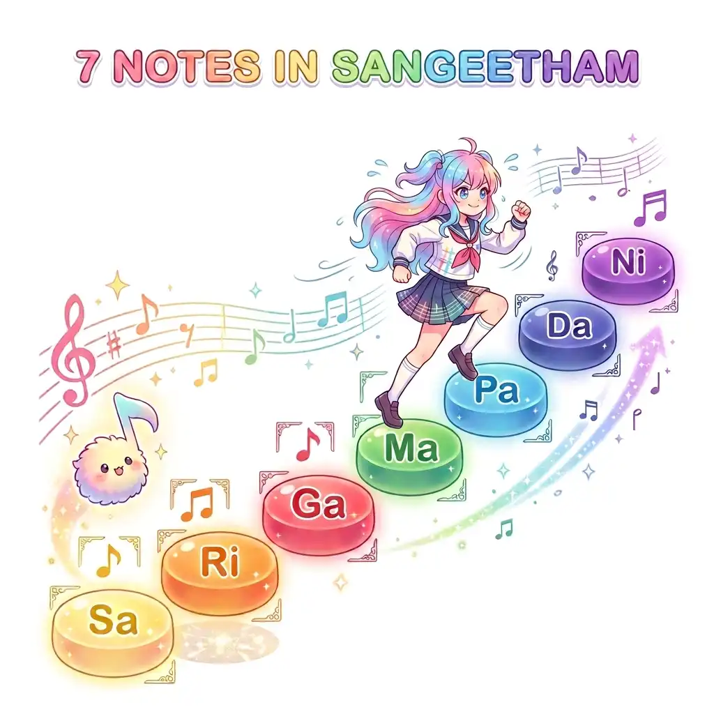The seven swaras of Sangeetham shown as colourful stepping stones: Sa, Ri, Ga, Ma, Pa, Dha and Ni