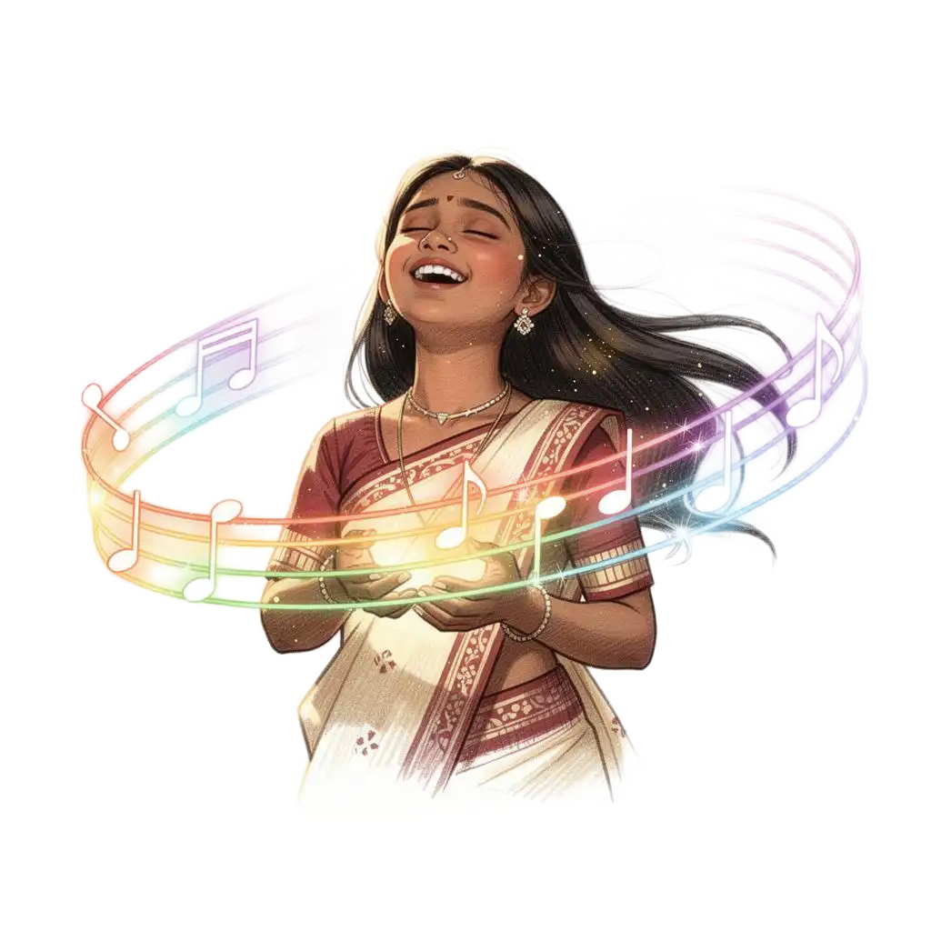 A girl singing joyfully as rainbow-coloured musical notes swirl around her, showing a raga's mood
