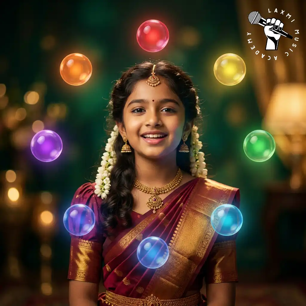 A girl smiling with seven glowing coloured orbs, the seven swaras, floating around her