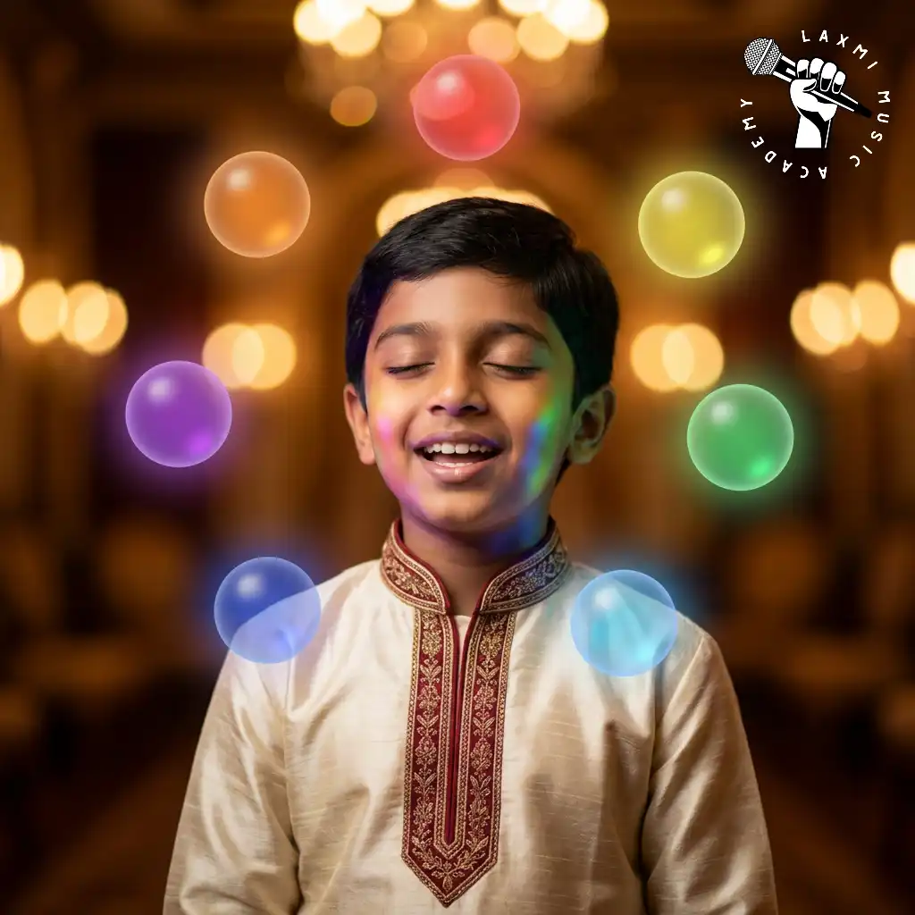 A young boy singing with eyes closed, seven glowing coloured orbs floating around him