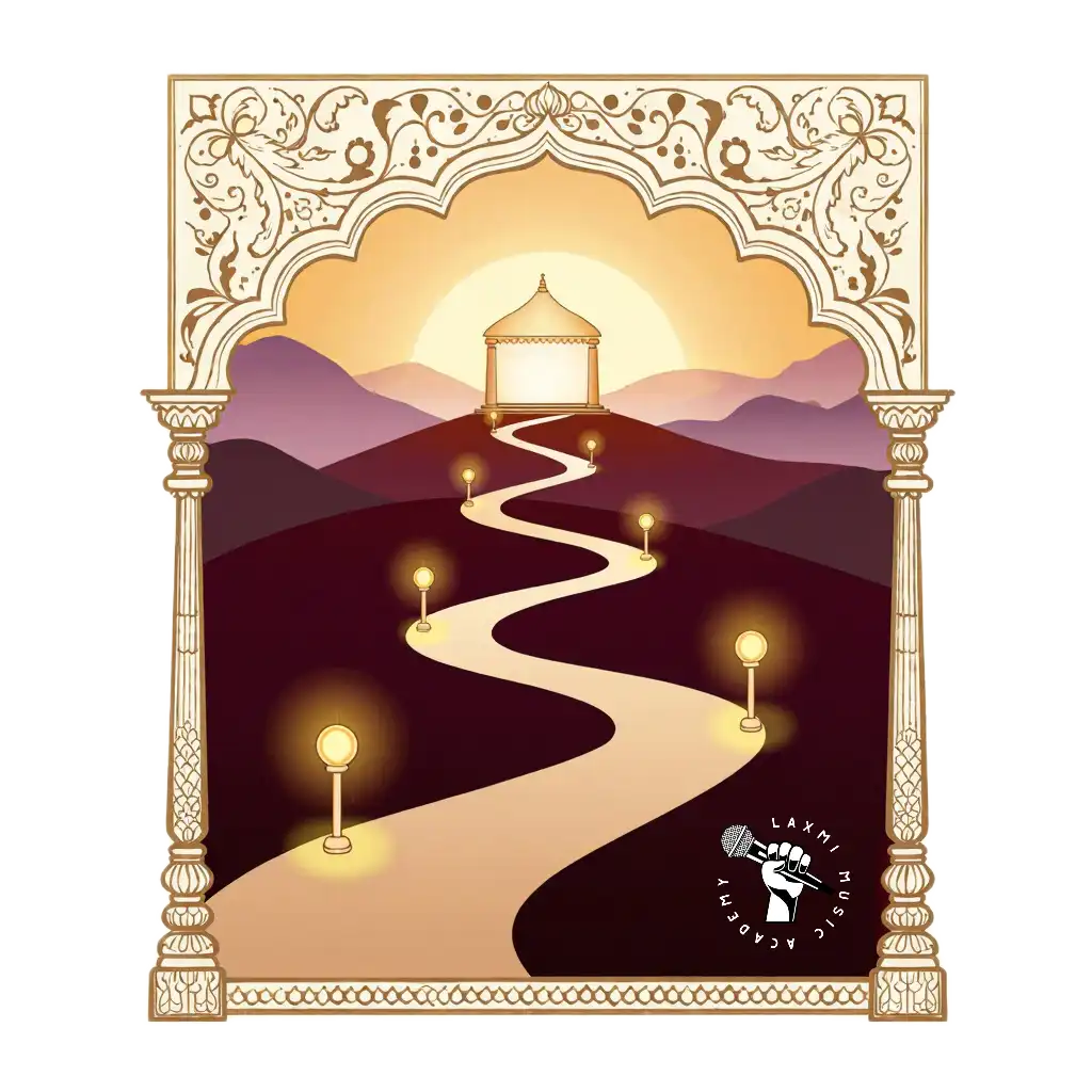 An illustrated winding path lit by seven glowing lamps, climbing towards a softly lit stage at sunrise