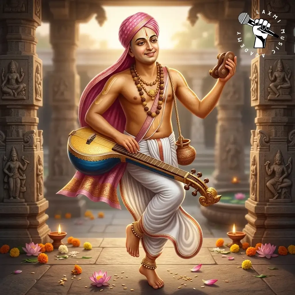 A traditional illustration of the saint-composer Purandaradasa keeping rhythm with tala clappers