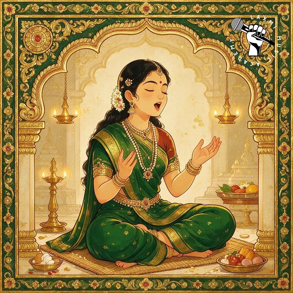 A traditional illustration of a young singer seated in a temple, absorbed in song, resting upon her sruti