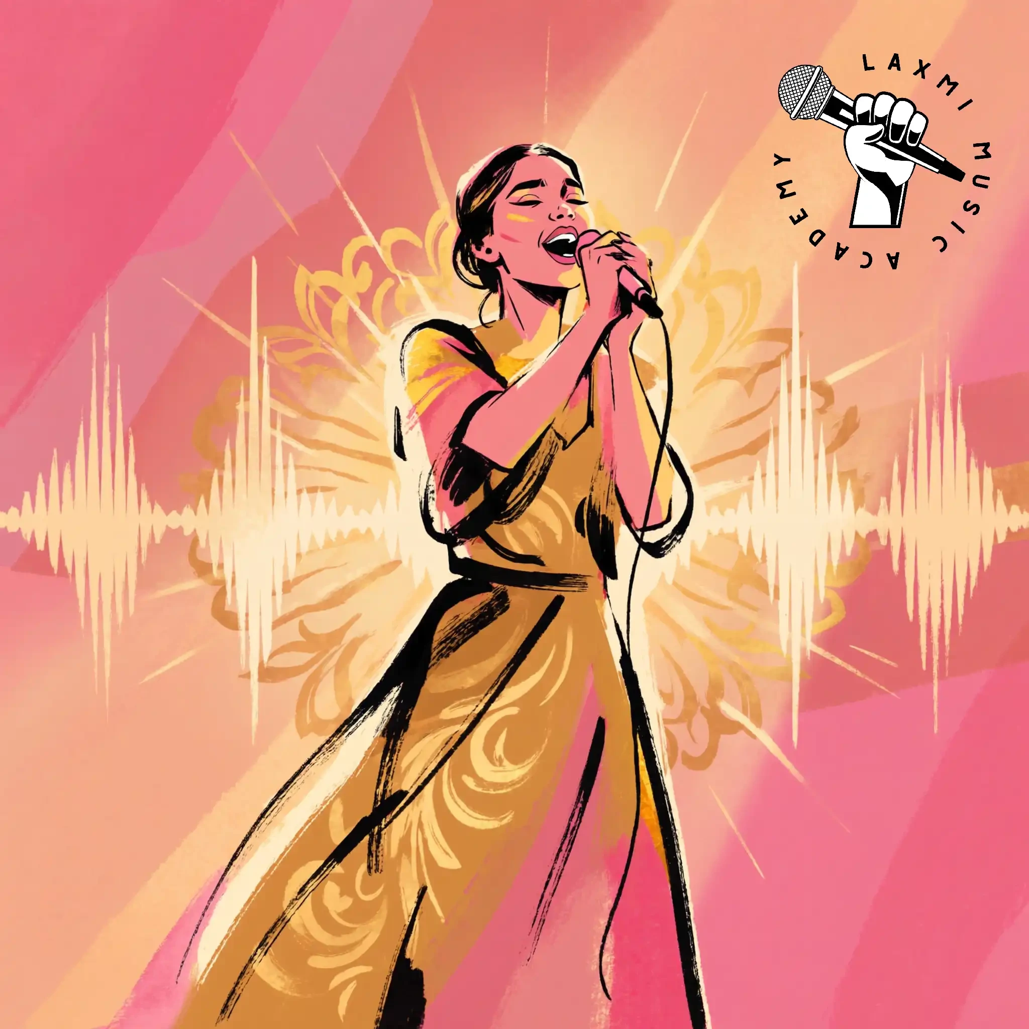 A singer pouring out her voice, waves of golden sound radiating around her