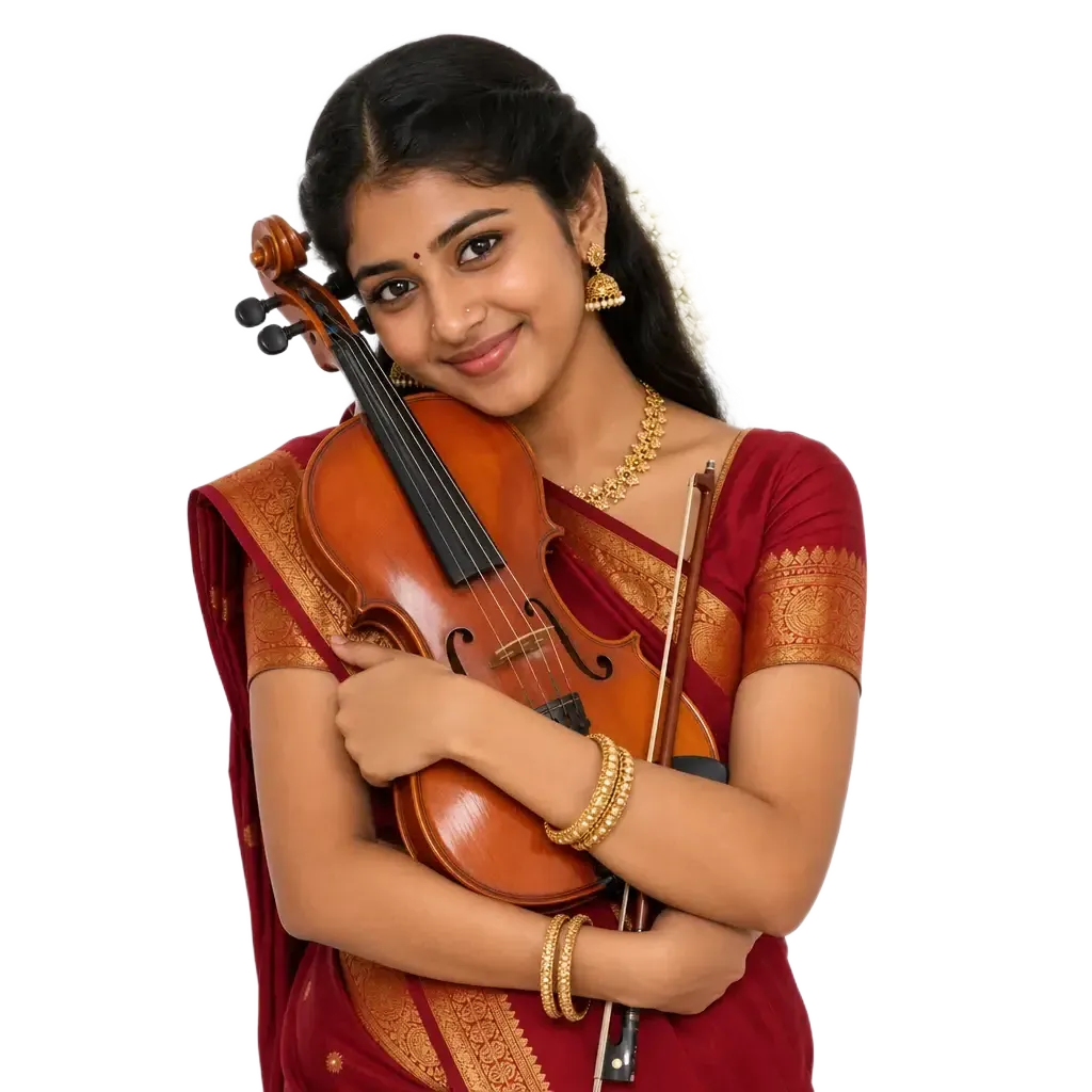 Carnatic violin student in a maroon silk saree holding a violin