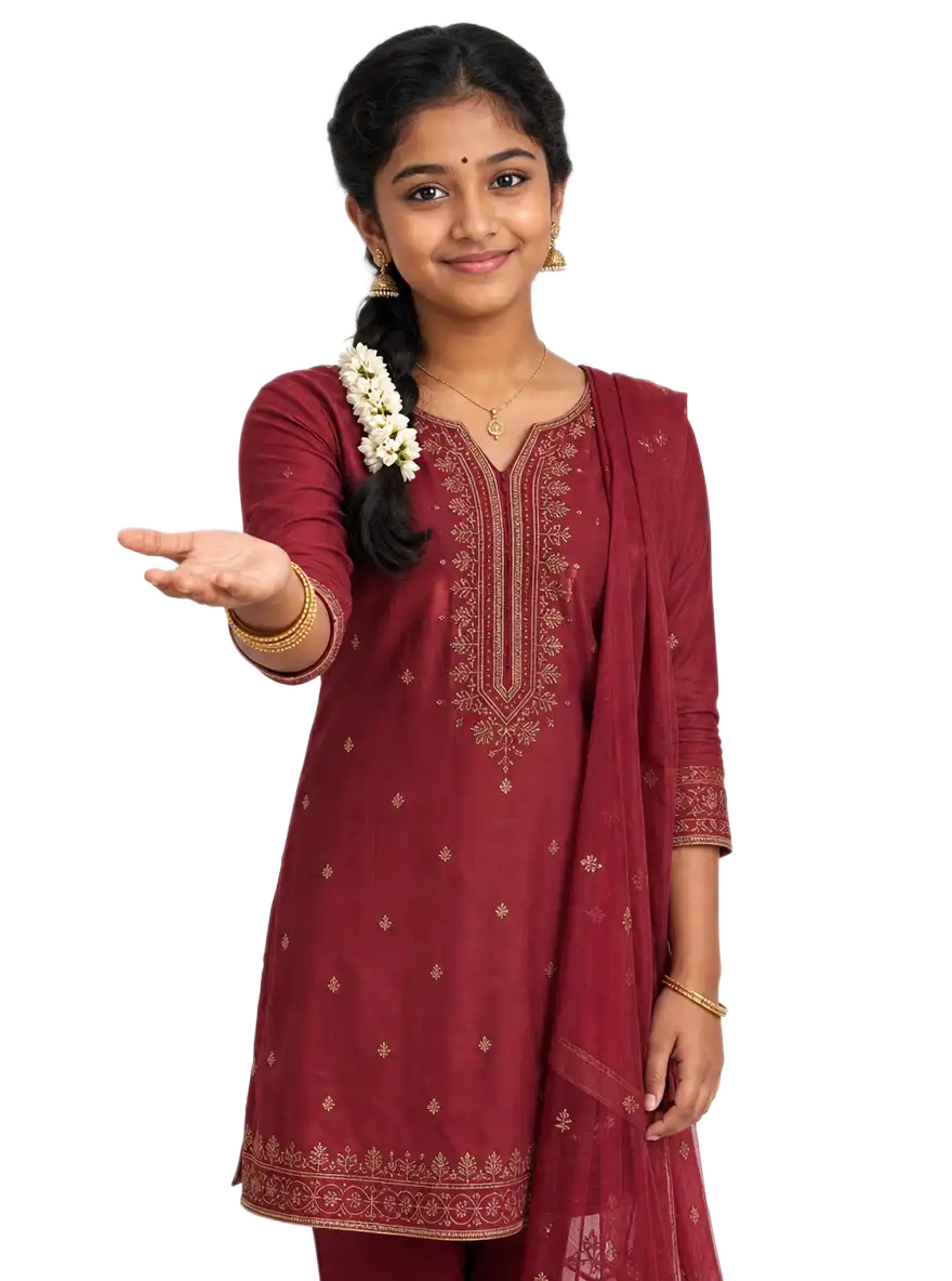 Carnatic vocal student in a maroon kurta, welcoming new singers