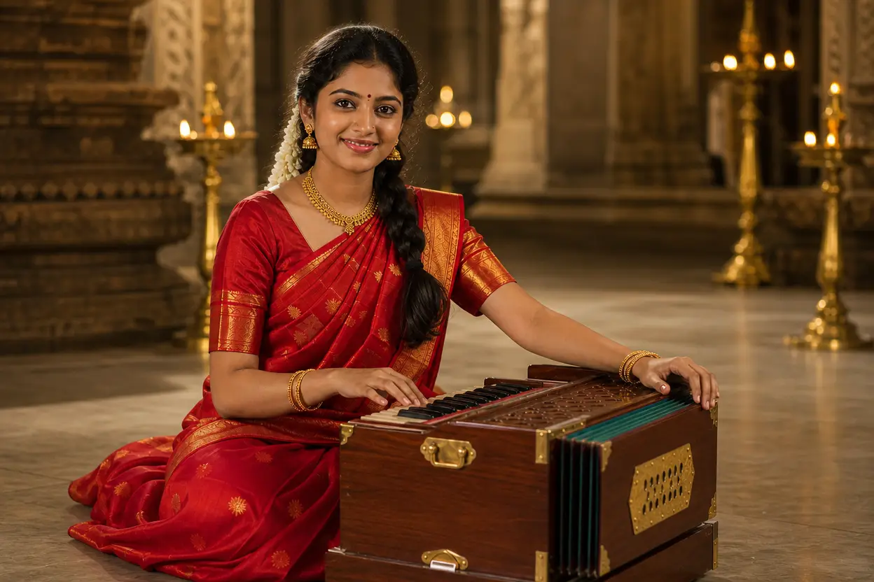 Student learning harmonium in a temple, Puchong