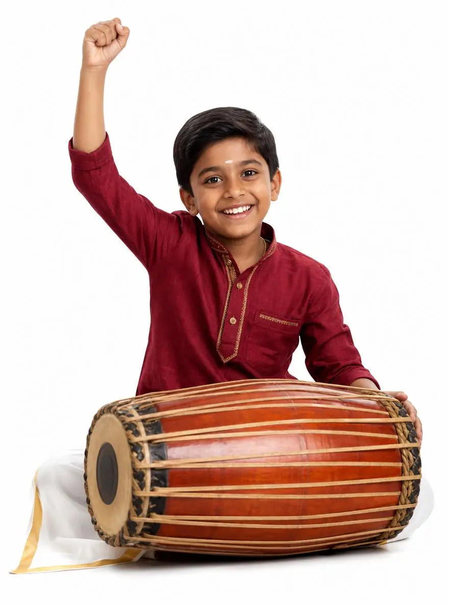 Young mridangam student in a maroon kurta, arm raised in triumph