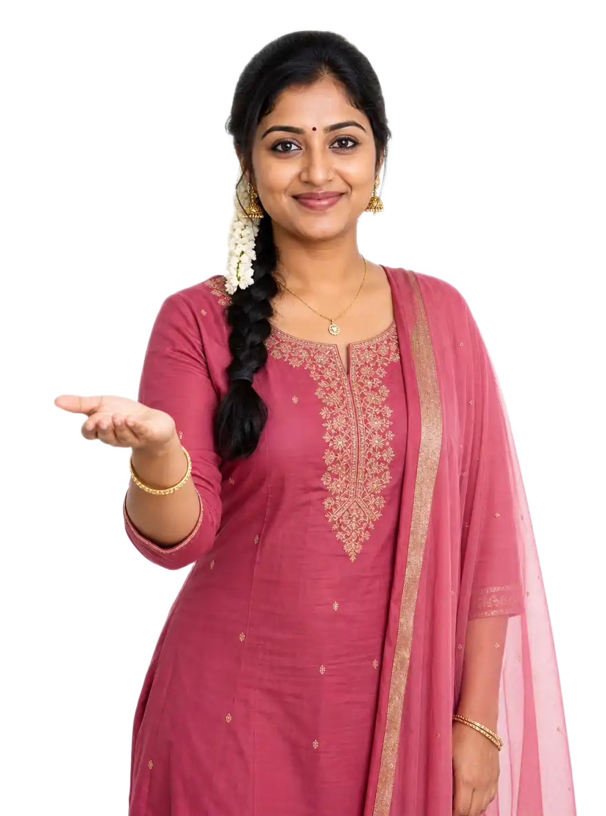 Carnatic music teacher in a rose kurta, welcoming online learners