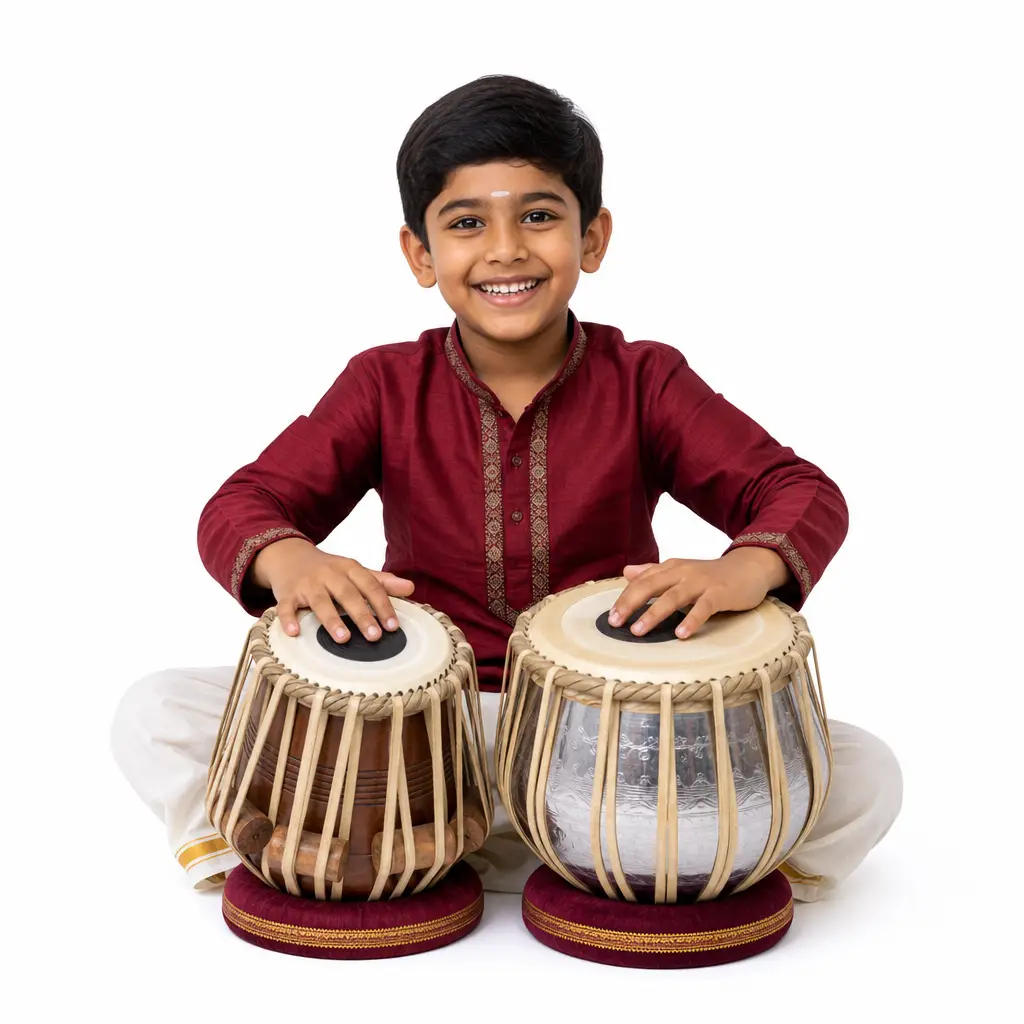 Young tabla student in a maroon kurta with a pair of tabla