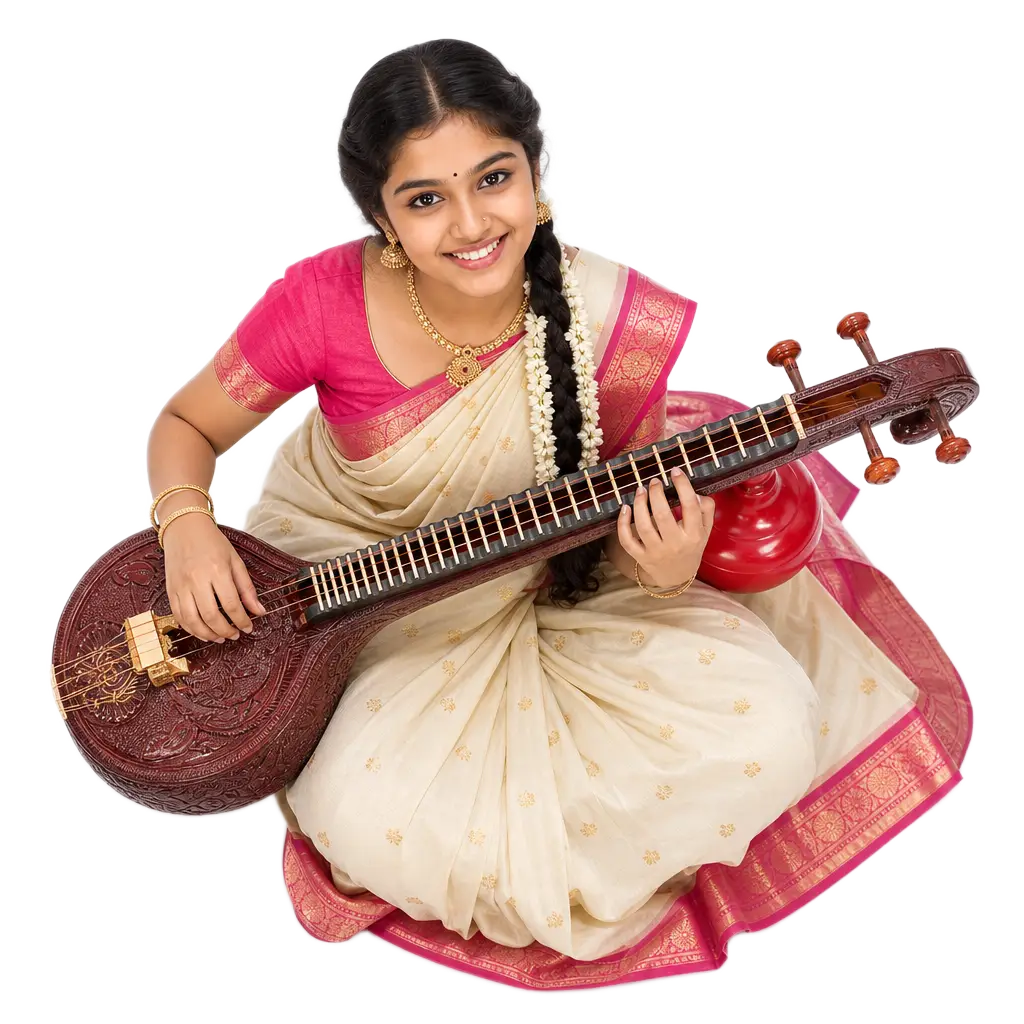 Girl in a cream silk saree playing the veena