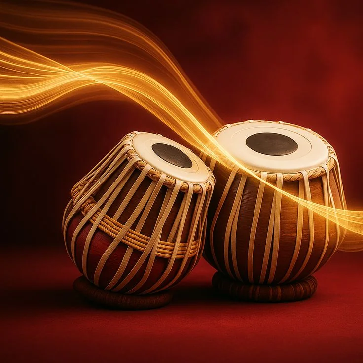 Tabla drums with golden light trails, the sound of rhythm in motion